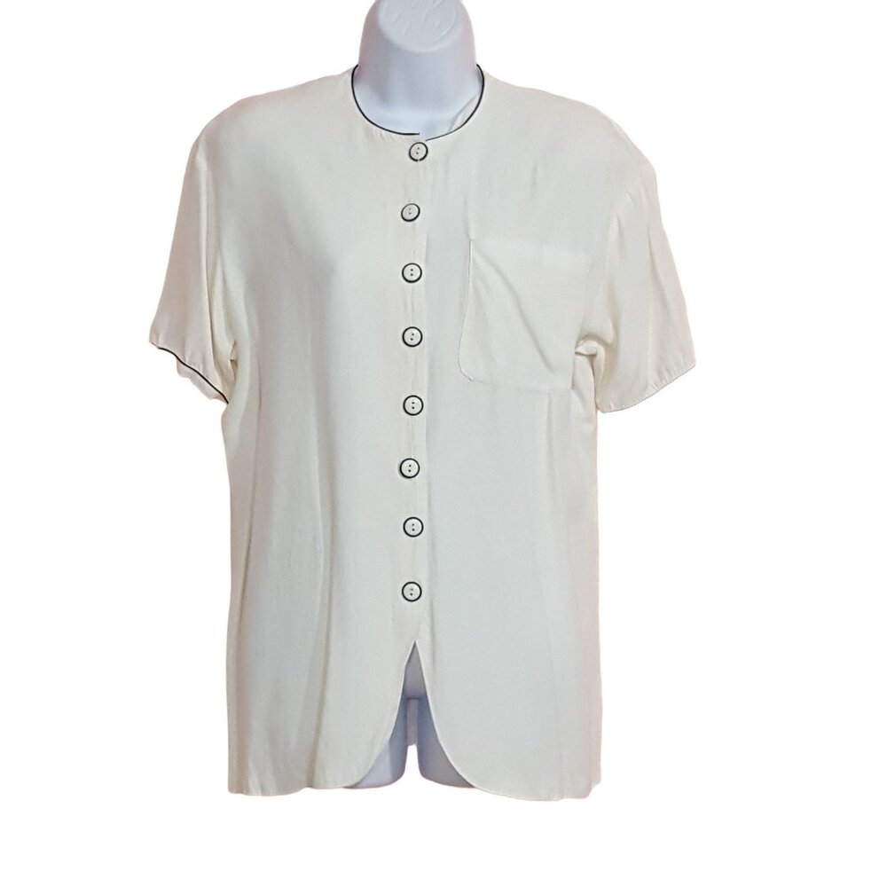 Ashley Brooke Vintage 80s Womens Blouse Button Front Short Sleeve White M